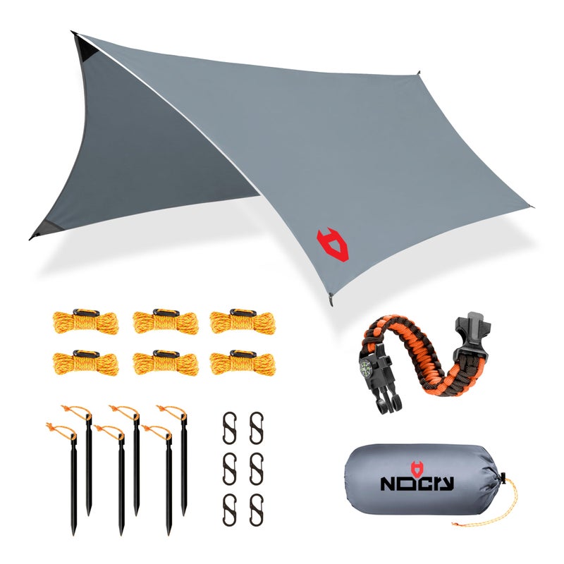 NoCry Rain Fly 12x10 Lightweight Survival Camping Tarp; 100% Waterproof; Makes a Great Backpacking Tarp or Hammock Shelter; Comes in Multiple Colors, Survival Bracelet Included; Black - Image 1
